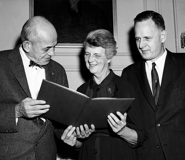 Rebecca Lancefield accepting the T. Duckett Jones Memorial Award; Macyln McCarty (right), Walter Bauer (left), c. 1960