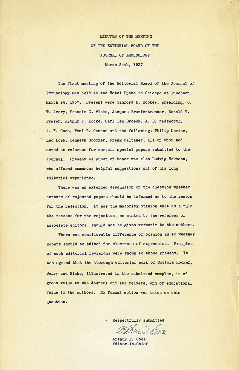 Minutes of the First Editorial Board of <em>The Journal of Immunology</em>, March 24, 1937