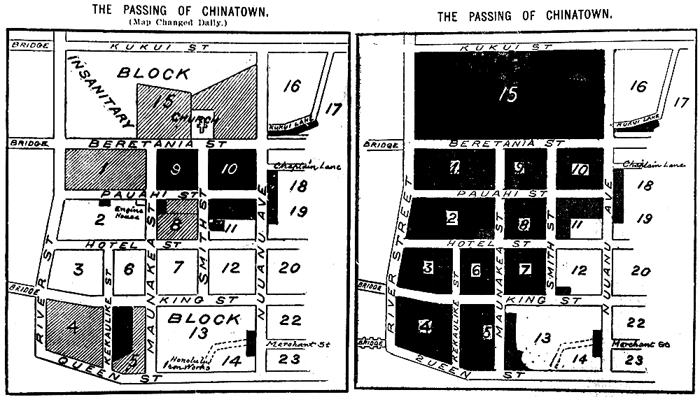 “The Passing of Chinatown” before (January 20) and after (January 24) the fire,” 1900