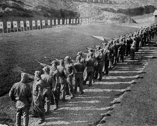 Recruits on the pistol range at Camp Matthews, 1950