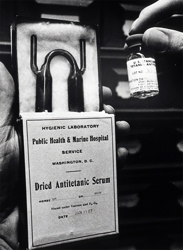 Package of dried antietanic serum (c. 1907) and vial of tetanus antitoxin (c. 1970)