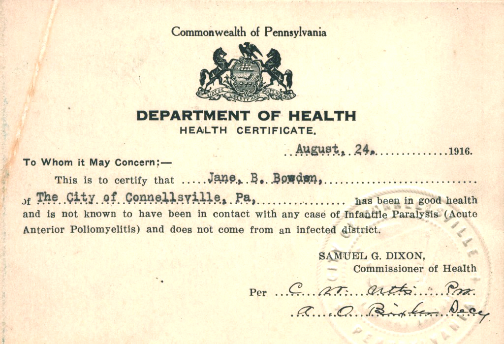 Polio health pass, 1916